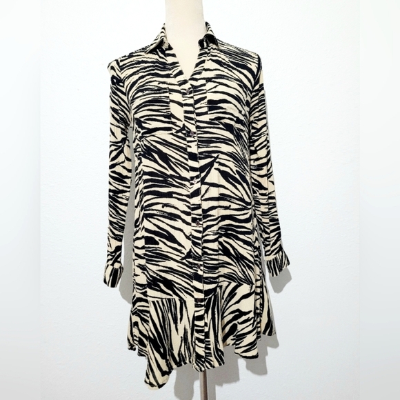 Blue Island Zebra Print Tunic Top Dress Women’s Size XS Tan Black Button Front - Picture 1 of 11